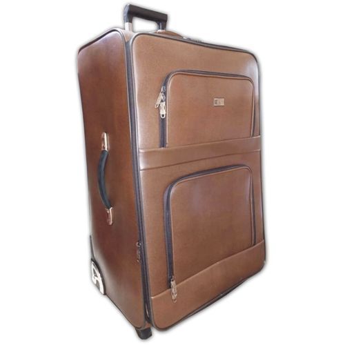 Leather Travel Suitcase With Telescoping Handle - Brown