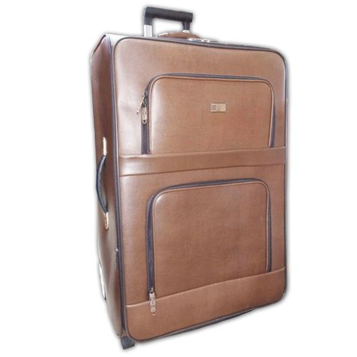Leather Travel Suitcase With Telescoping Handle - Brown