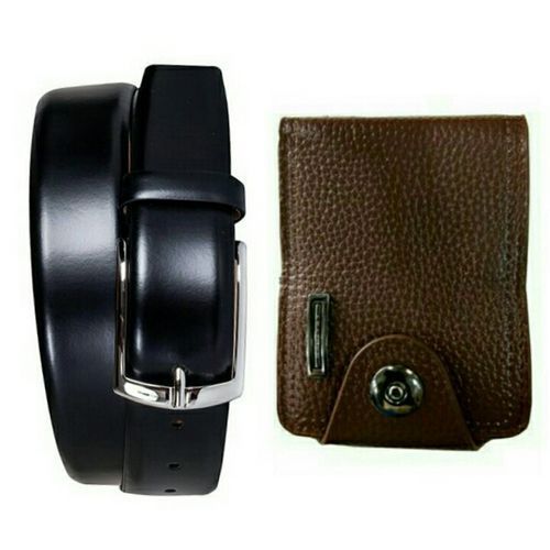 Shiny Synthetic Belt & Button Wallet - Black , Brown