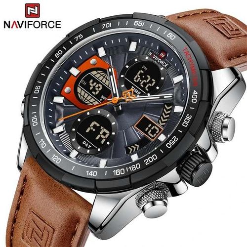Naviforce Dual Display Leather Strapped Men's Office and Casual Designer Watch - Brown, Black, Silver