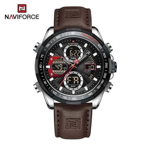 Naviforce Dual Display Leather Strapped Men's Office and Casual Designer Watch - Brown, Black, Silver