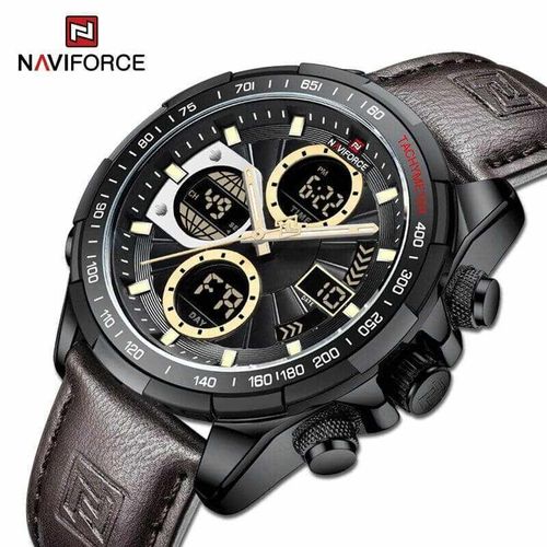 Naviforce Dual Display Leather Strapped Men's Office and Casual Designer Watch - Brown, Black, Silver