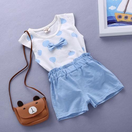 Girls Cartoon Apple Print TShirt  Short Cotton Suit  Blue