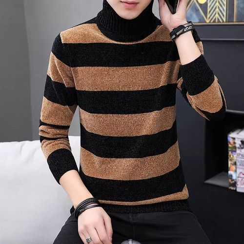 Sweater Turtle Neck Long Sleeve Twist Knitted Slim Sweater -Black and brown
