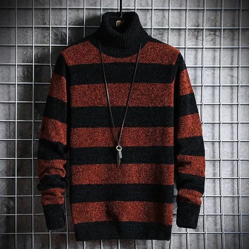 Sweater Turtle Neck Long Sleeve Twist Knitted Slim Sweater -Black and brown