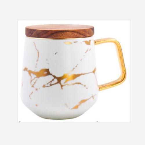 Marble Matte Gold Series Ceramic Tea Cup Coffee Mug With Wooden Lid Or TrayWhite With Lid