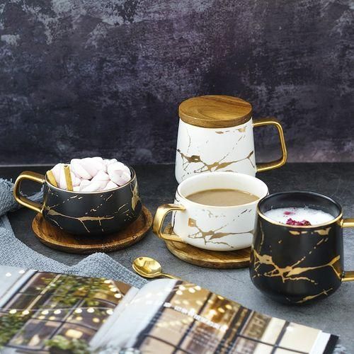 Marble Matte Gold Series Ceramic Tea Cup Coffee Mug With Wooden Lid Or TrayWhite With Lid