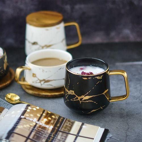 Marble Matte Gold Series Ceramic Tea Cup Coffee Mug With Wooden Lid Or TrayWhite With Lid