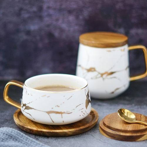 Marble Matte Gold Series Ceramic Tea Cup Coffee Mug With Wooden Lid Or TrayWhite With Lid
