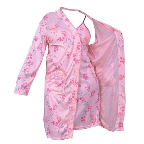 Floral Cotton Night Dress With Gown-Pink