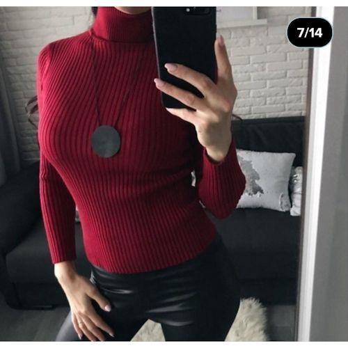 Women's Turtle Pullover Neck Sweater - Red Maroon