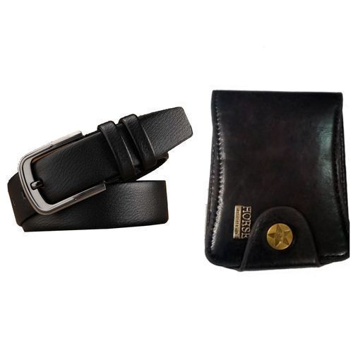 Horse Pack Of Faux Leather Men's Belt And Wallet- Black Multidesign