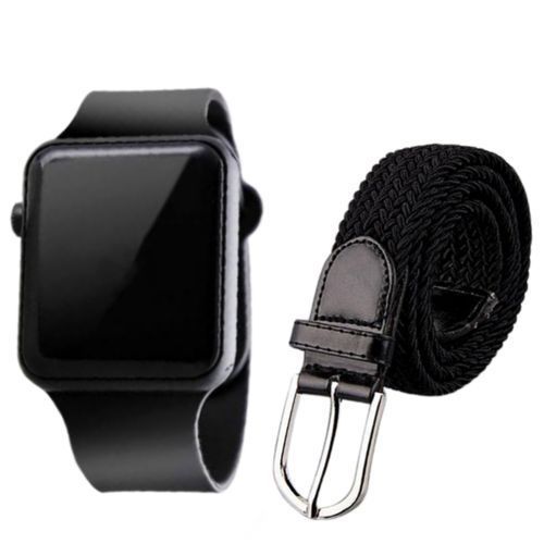 Designer WaterProof Digital Watch & A Stretchy Belt - Black