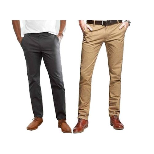 2  Pack Men's Straight Fit Casual Chino Pant With Stretch. - Khaki & Grey