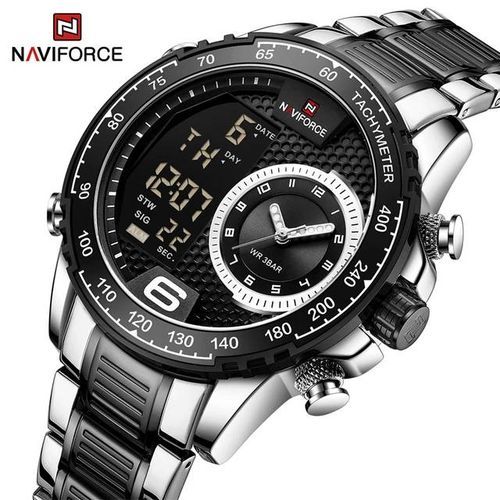 Naviforce Dual Display Mens Stylish Waterproof Watch _ Black Silver