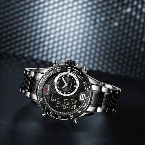 Naviforce Dual Display Mens Stylish Waterproof Watch _ Black Silver