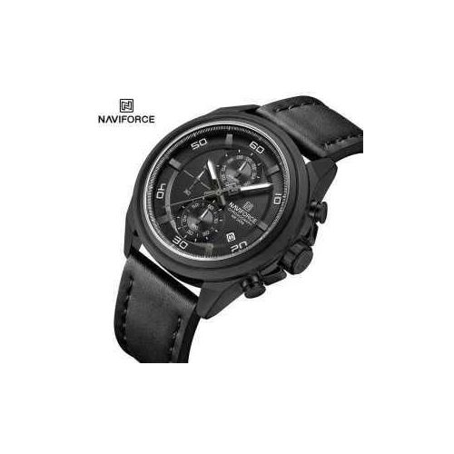 Naviforce Waterproof Mens Leather Strapped Watch - Black, Silver