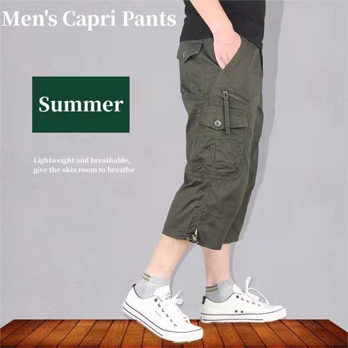 Men's Casual Cargo Pants, Cropped Pants, Multi-Pocket Tactical Pants - Green