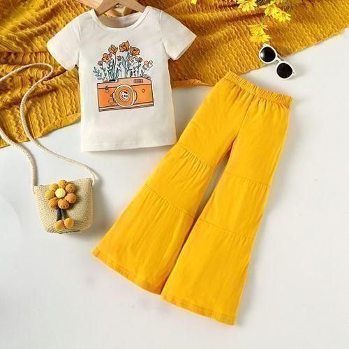 Catpapa 2PCS 4-7 Years Kid Girl Yellow Short Sleeve Camera Print T-shirt With Bell-bottomed Pants