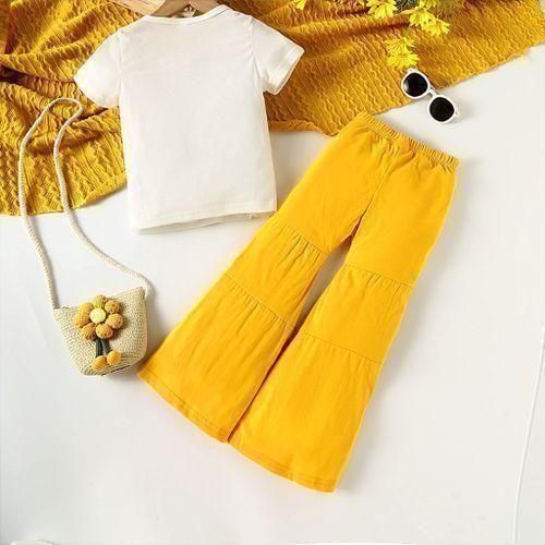 Catpapa 2PCS 4-7 Years Kid Girl Yellow Short Sleeve Camera Print T-shirt With Bell-bottomed Pants