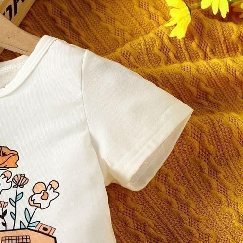 Catpapa 2PCS 4-7 Years Kid Girl Yellow Short Sleeve Camera Print T-shirt With Bell-bottomed Pants