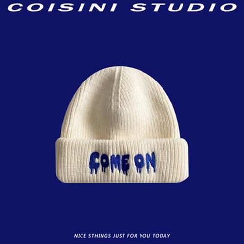 Japanese Hipster Letter Embroidery Woolen Cap Female Autumn and Winter Warm Ear Protection All-Match Blue Knitted Hat Beanie Hat Male