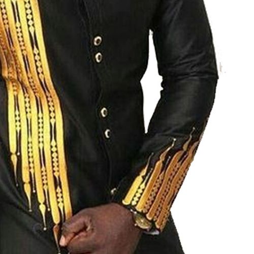 Afrocentric Wakanda Long Sleeve Shirt - Black,Golden