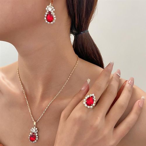 Crystal Jewelry Set For Women - Gold & Red