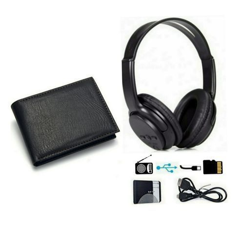 Bat Leather Wallet And Headphone-Black