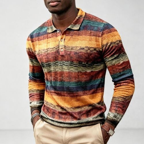 Berrykey Men's Casual Striped Polo Vintage Long Sleeve Shirt Multicolore