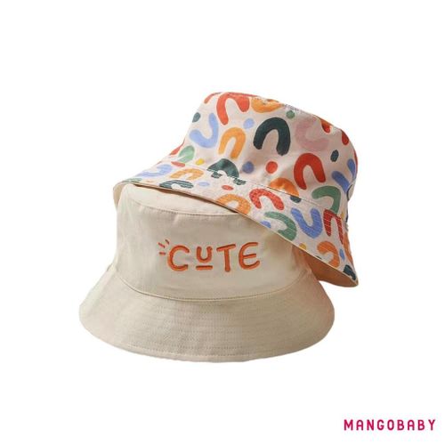 MGG-Baby Kids Bucket Hat  Double-side Colorful Print Embroidery Letters Wide Brim Sun Protection Cap for Girls Boys