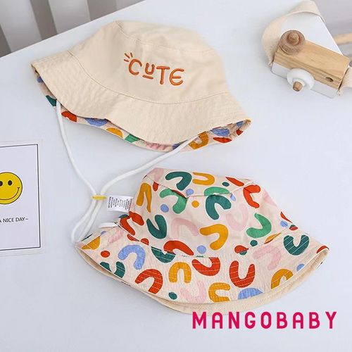 MGG-Baby Kids Bucket Hat  Double-side Colorful Print Embroidery Letters Wide Brim Sun Protection Cap for Girls Boys