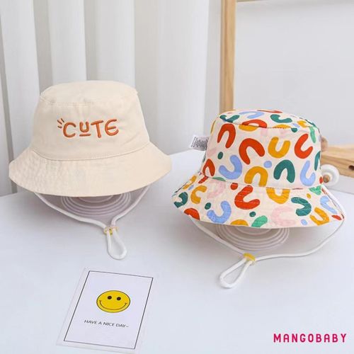 MGG-Baby Kids Bucket Hat  Double-side Colorful Print Embroidery Letters Wide Brim Sun Protection Cap for Girls Boys