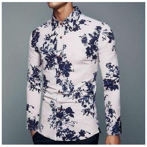 Mens Long Sleeve Casual Pattern Floral Polo Business Printed Shirts