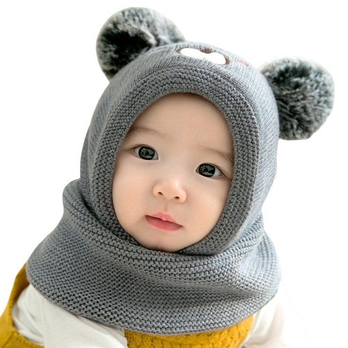 Baby Hat and Scarf Integrated Hat High Quality Polyester Fabric Winter Hat Winter Use for Infants Toddlers Babies,Gray NO5112