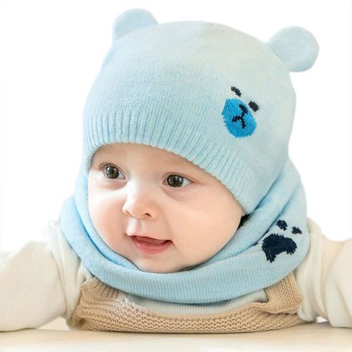 Baby Winter Caps Scarf Suits Warm Knitted Beanie Cap Cute Cartoon Bear Beanie New,Blue NO5116