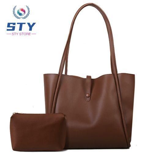 STY 2pcs Ladies Shoulder Bag Small Bag Set PU Leather Handbags Brown Tote Bag