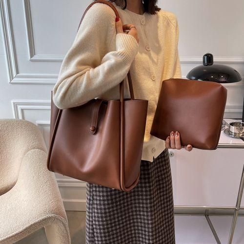 STY 2pcs Ladies Shoulder Bag Small Bag Set PU Leather Handbags Brown Tote Bag