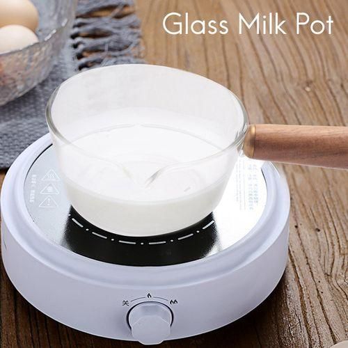 Glass Milk Pot with Wooden Handle 400Ml Cooking Pot for