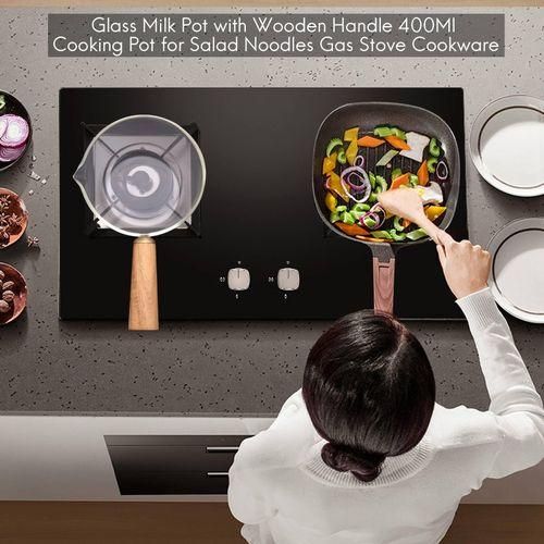 Glass Milk Pot with Wooden Handle 400Ml Cooking Pot for