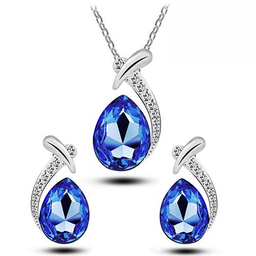 Crystal Necklace Jewelry Set Short Necklace + Earrings - Dark Blue