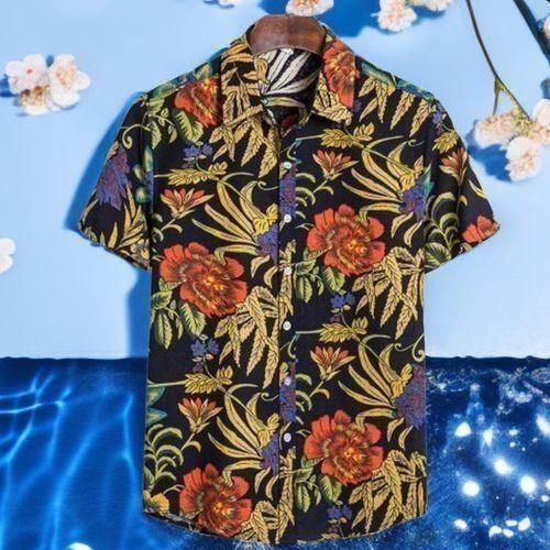 Mens Vintage Graffiti Floral Pattern Shirts Hawaii Beach Shirt Casual