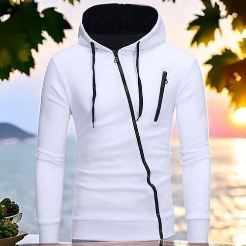 Berrykey Men's Trendy Zipper Comfort Hoodie Varsity Jacket Sweatshirts White