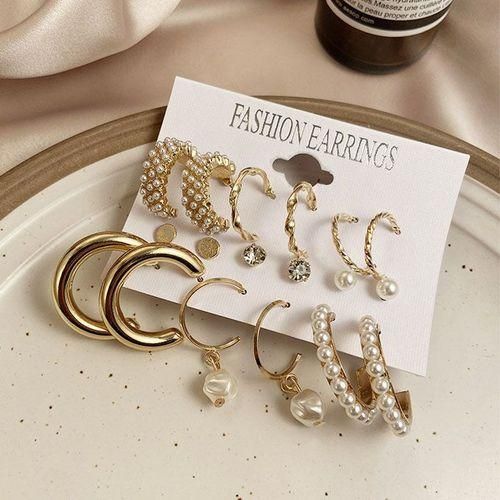 9 Pairs Ladies Hoop Diamond Pearl Earrings Set Punk Earrings