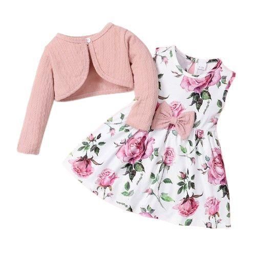 03Years Baby Girl Plain Color Ribbed OvercoatFloral Dress