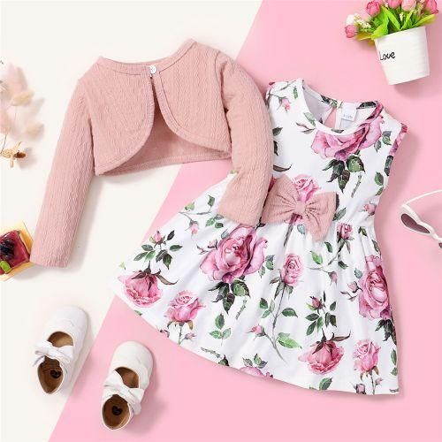 03Years Baby Girl Plain Color Ribbed OvercoatFloral Dress
