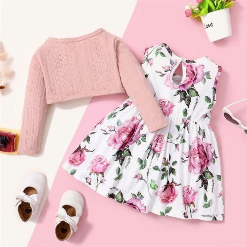 03Years Baby Girl Plain Color Ribbed OvercoatFloral Dress