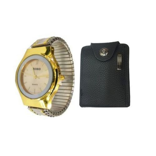 Robo Fancy Watch & Faux Leather Wallet- Golden ,Black.