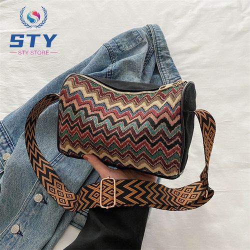 STY Ladies Cross-body Bag Women Ethnic Canvas Bag Multicolor Striped Shoulder Bag