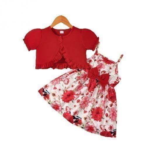 Catpapa 1-6 Years Kid Girl 2PCS Kid Girl Floral Sling Dress With Short Sleeve Overcoat